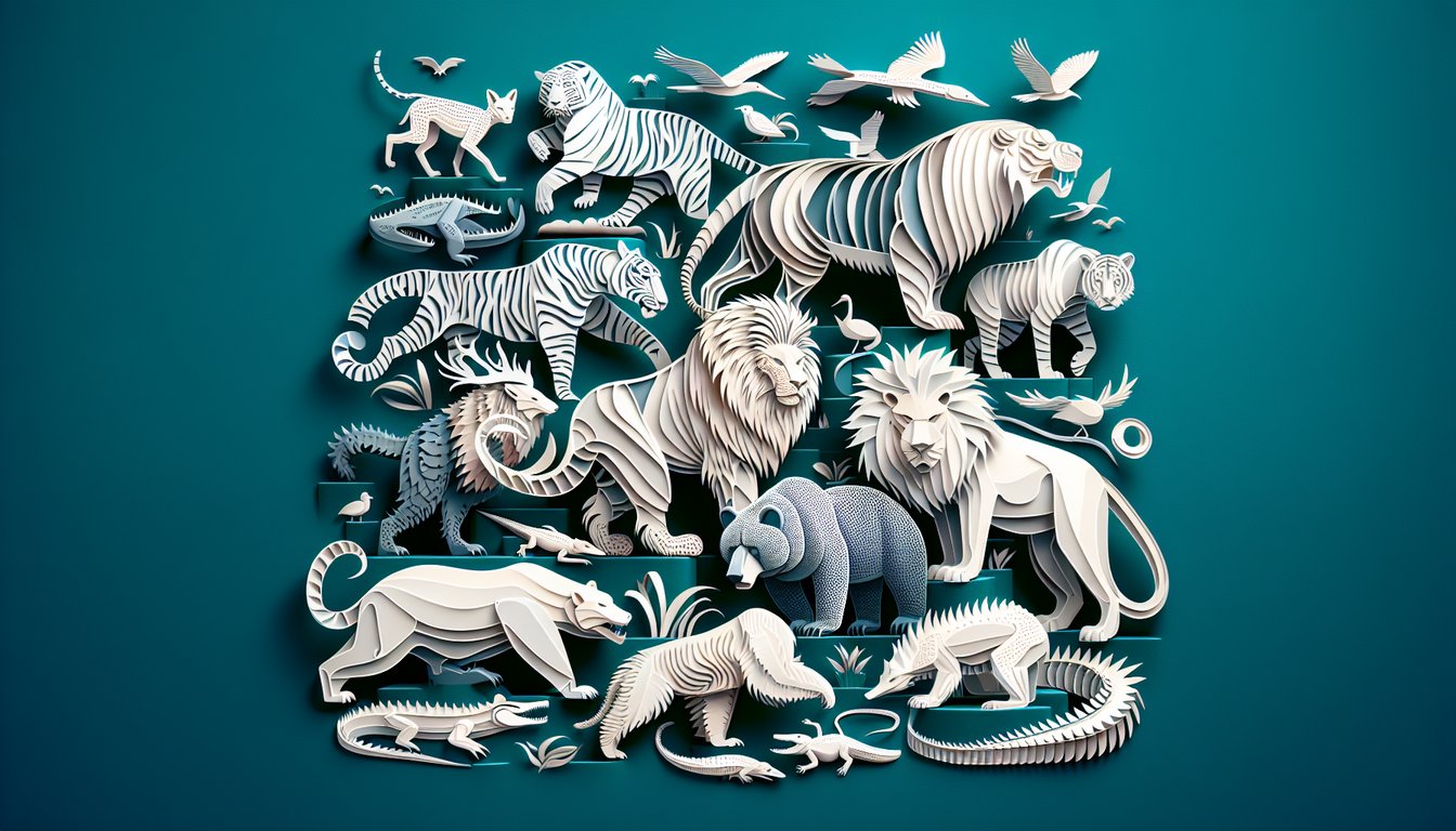 Paper art illustration of tiger crocodile snake and bear silhouettes on teal background for deadly land animal quiz