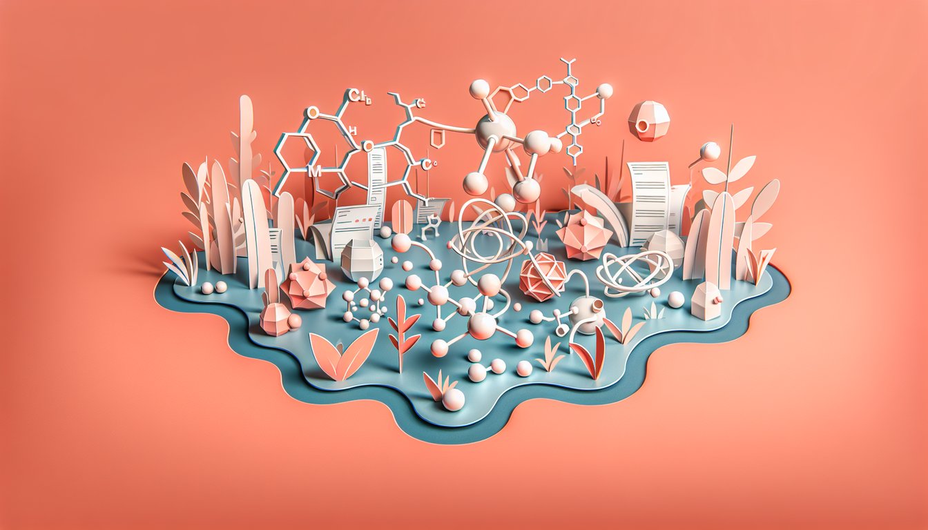 Paper art shows molecular structures, bonds, atom groupings for AP Chemistry Unit 2 quiz on coral background