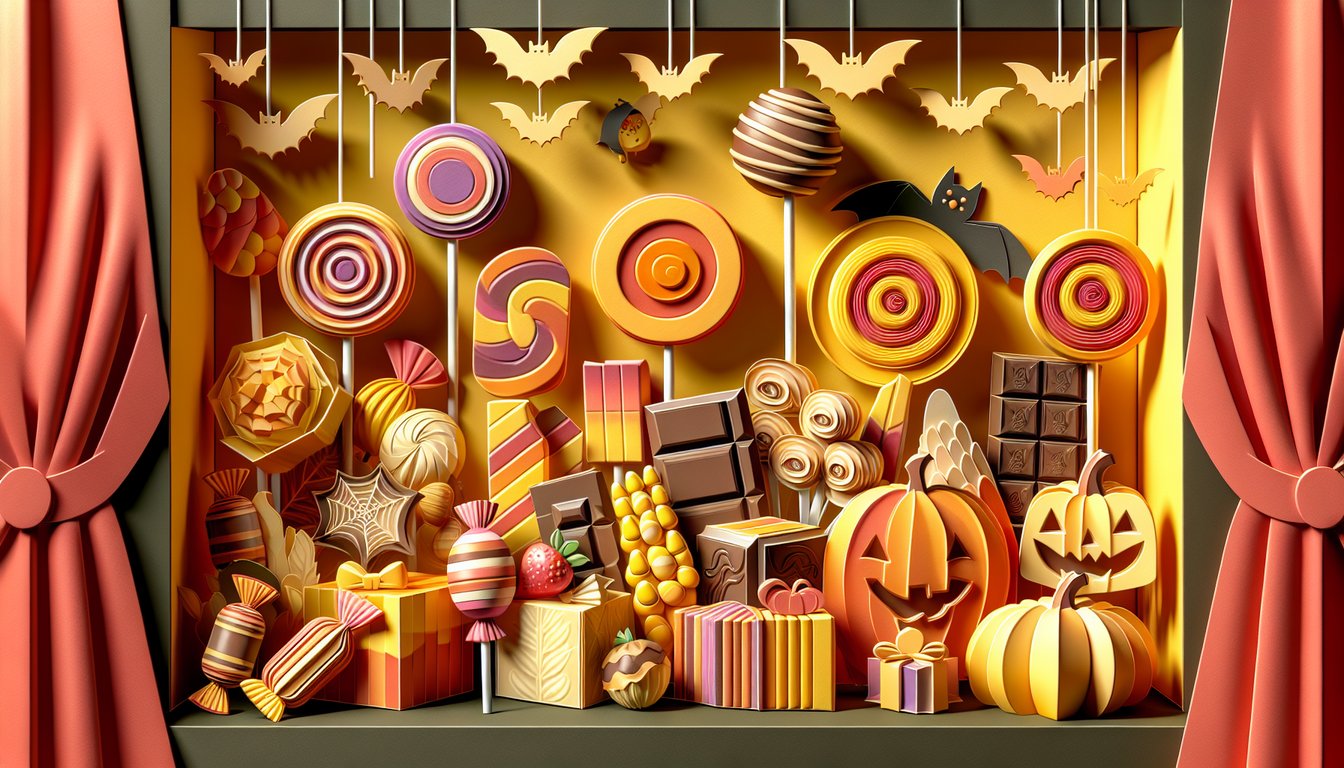 Paper art Halloween candy icons chocolate bars lollipops gummy bears wrapped sweets on golden yellow background
