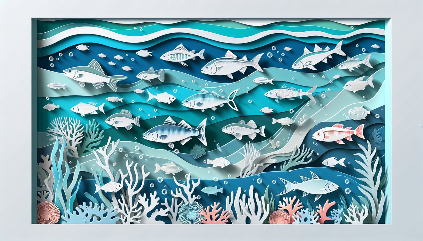 Paper cut fish on coral background with river fish and ocean fish for a quiz on calm river dwellers or bold ocean swimmers
