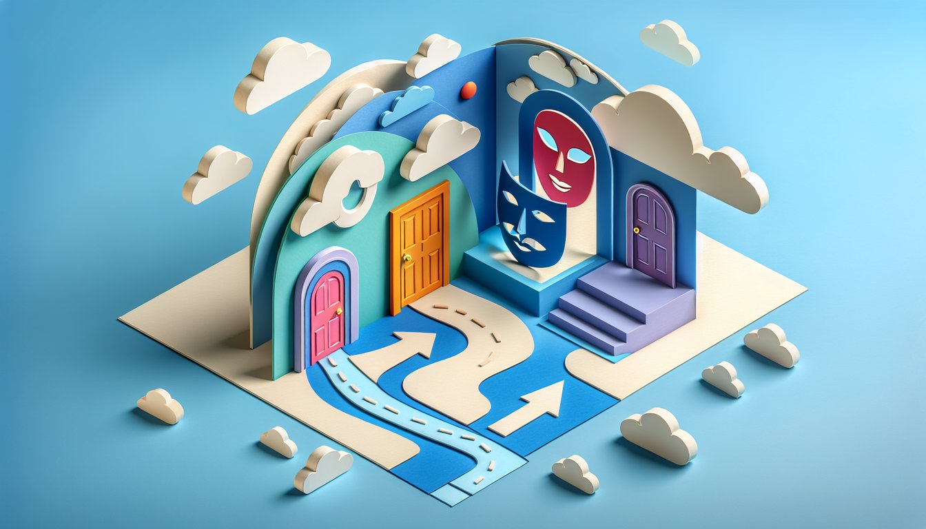 Paper art illustration for Heathers personality quiz on a sky blue background