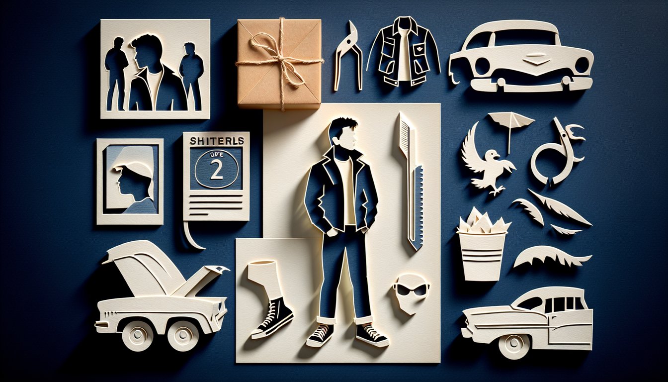 Paper art illustration for The Outsiders quiz featuring Ponyboy, Greasers vs Socs, and key plot points on dark blue background.