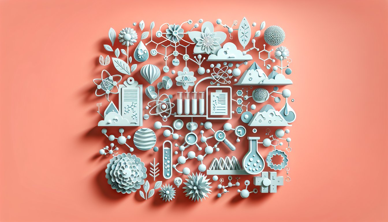 Paper art illustration showing water molecule diagram and carbohydrate chain icons on coral background for a biology quiz