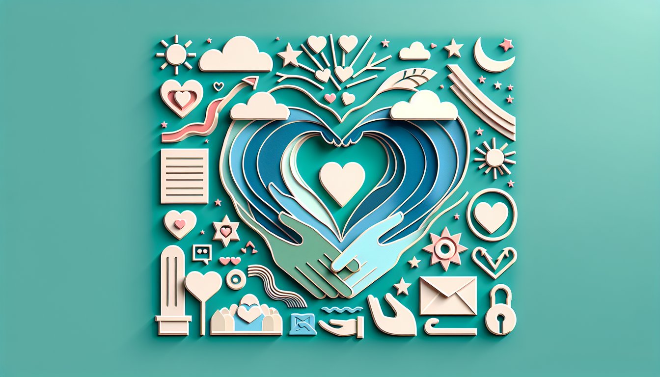 paper art hearts holding signs and text forming a couples love language quiz scene on a teal background