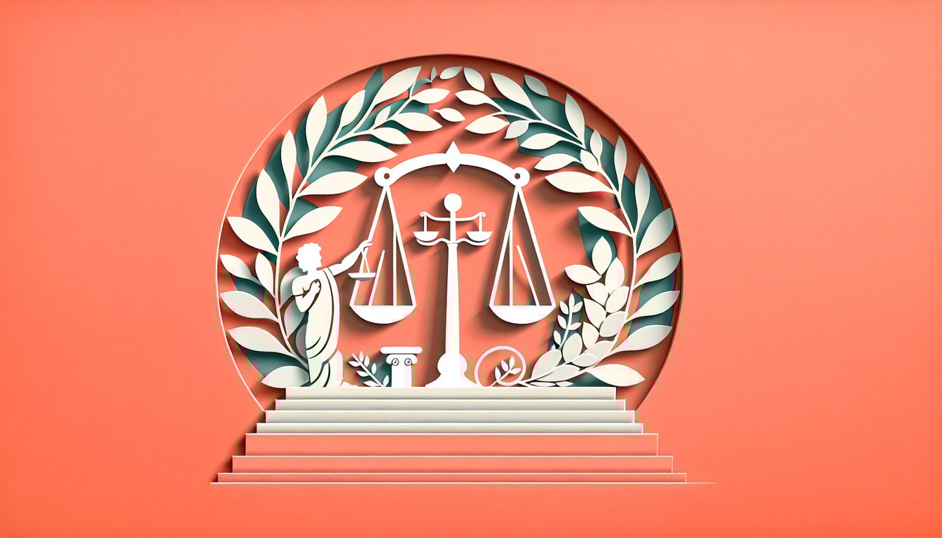 Paper art illustration of Aristotle bust scroll and scales on coral background for virtue ethics quiz