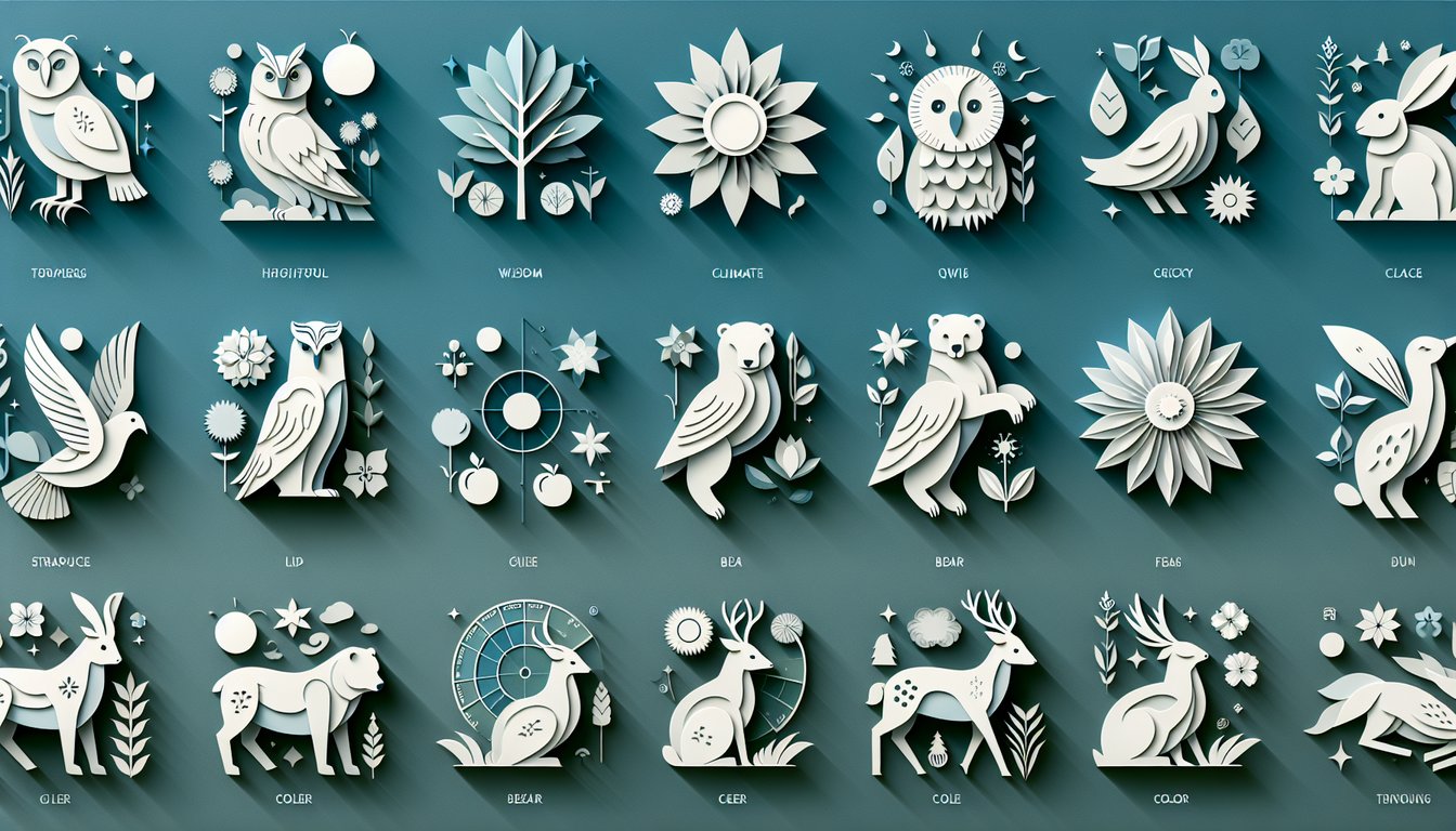 Paper cut collage of animal silhouettes, color swatches, food icons layered on teal background for spirit animal quiz