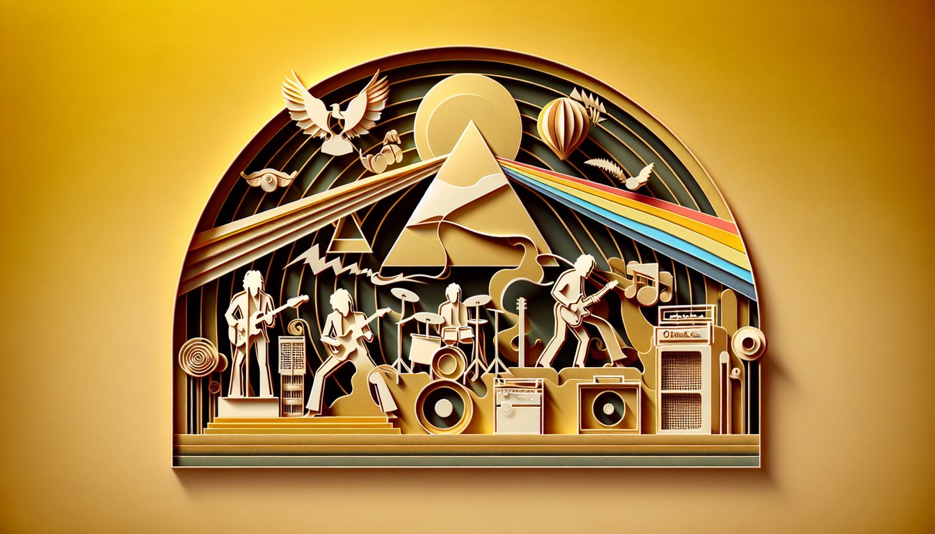 Pink Floyd trivia quiz paper art illustration on a golden yellow background