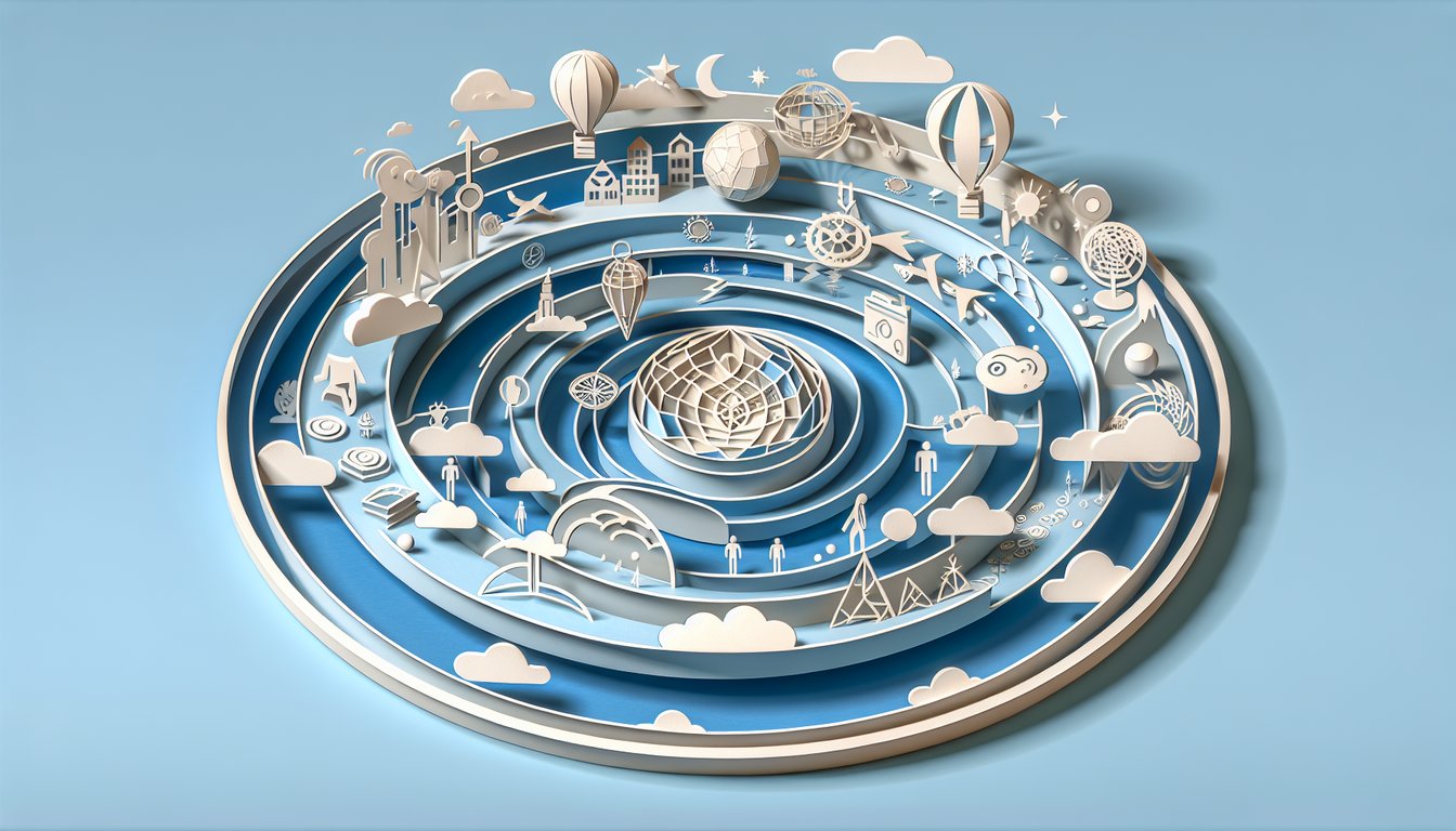 Paper cut illustration of a hero emblem above falling code strips on sky blue background for Matrix personality quiz