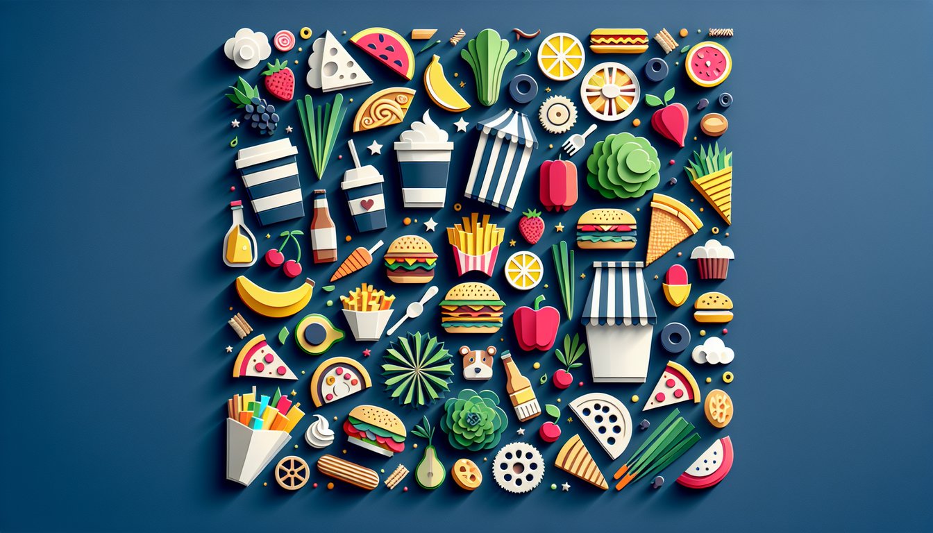 Paper art illustration for a food personality quiz on a dark blue background