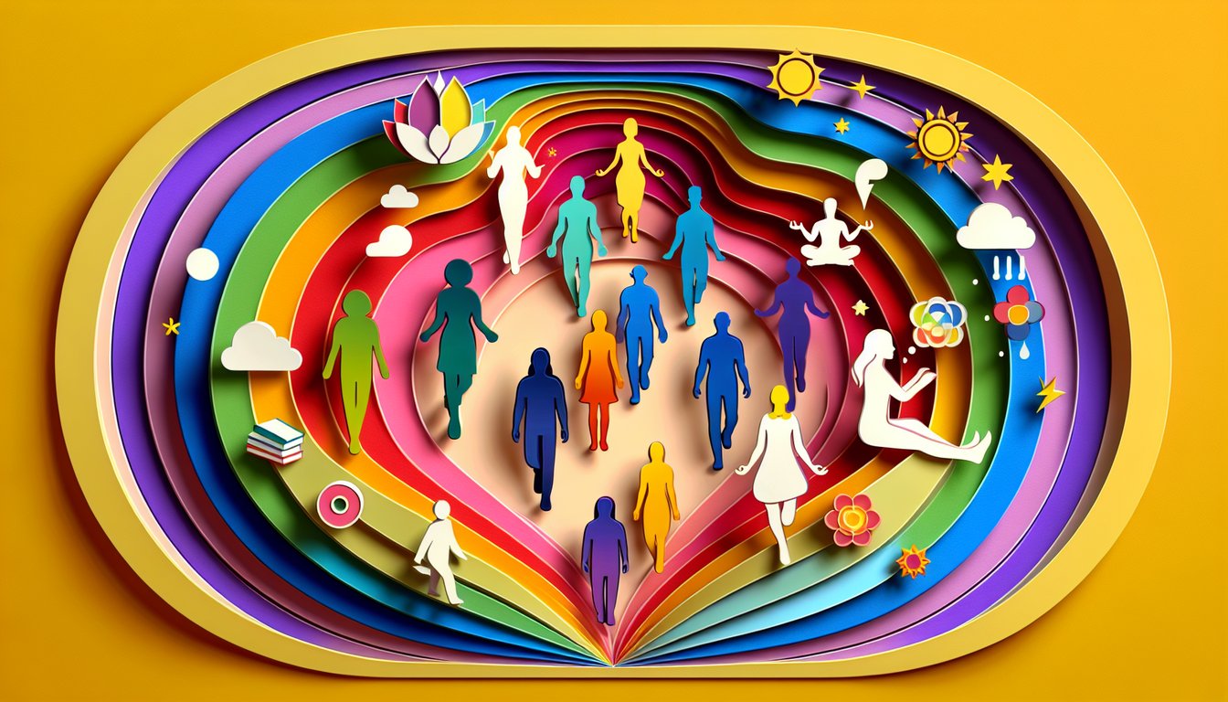Paper art of layered multicolor aura waves radiating from center on golden yellow background for aura color quiz