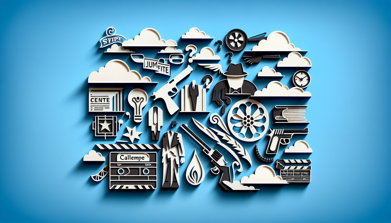 Paper art style scene with quiz cards film reel and speech bubble on sky blue background for free Pulp Fiction trivia quiz