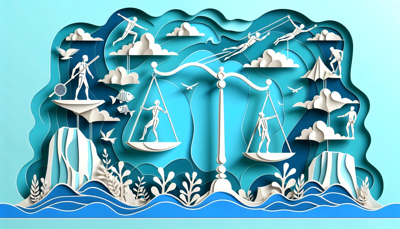 Layered paper art shows figures climbing mountains, crossing chasms on sky blue background promoting free risk taker quiz