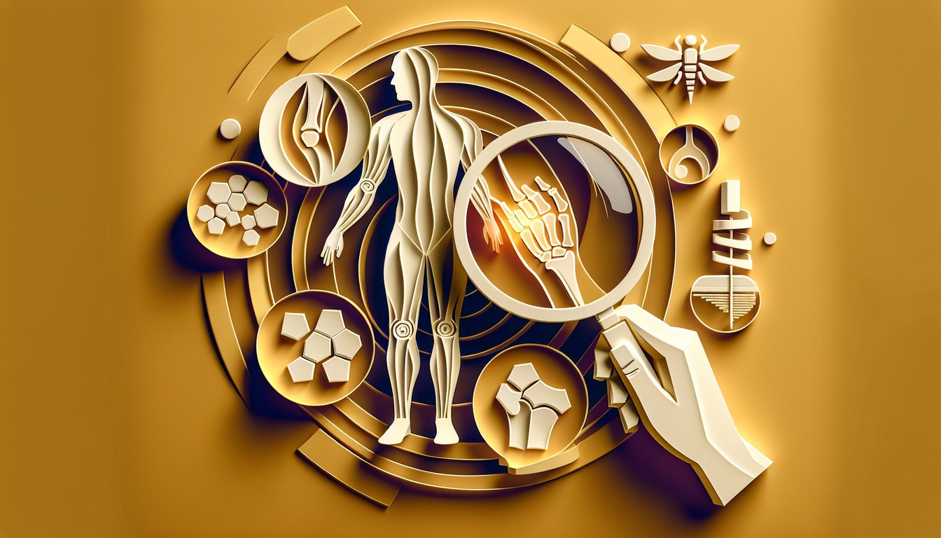 Paper art illustration of hands and joints with question mark shapes for arthritis quiz on golden yellow background.