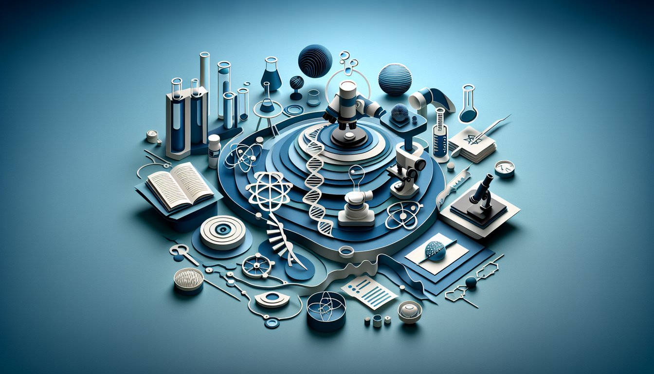 Paper art showing lab glassware microscope and gears on dark blue background inviting scientist personality quiz