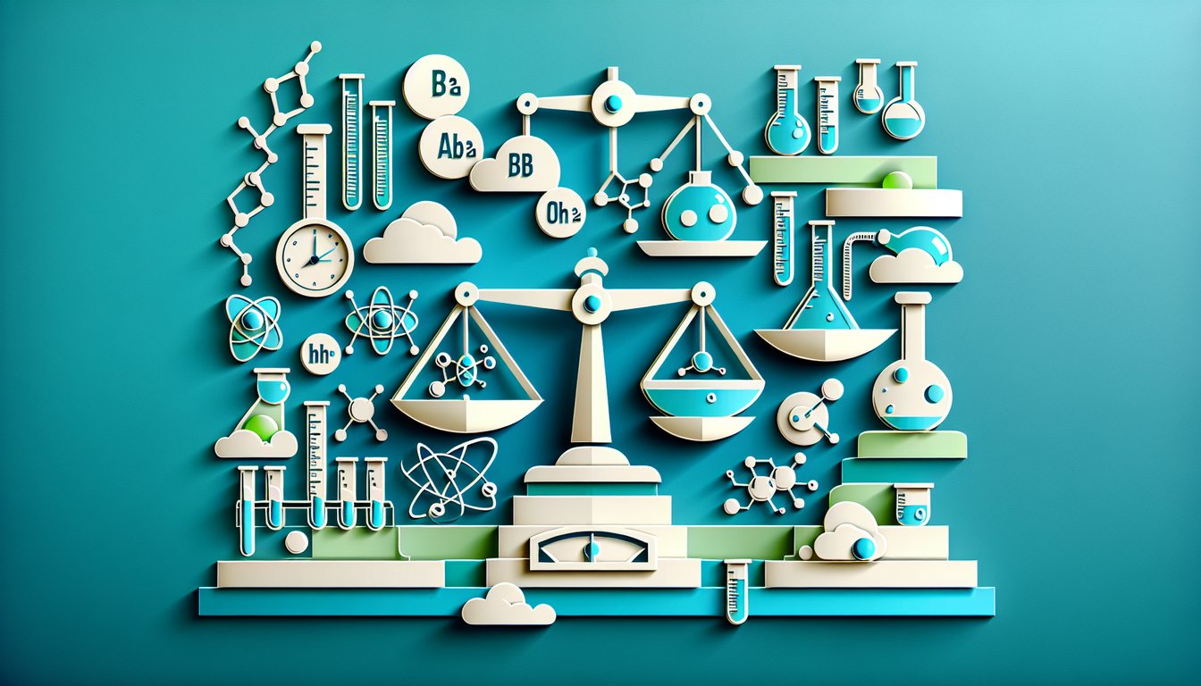 Paper cut test elements with molecular structures flasks scales layered on teal background for chemistry equilibrium quiz