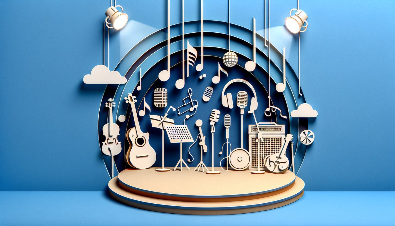 Paper art illustration with colorful music notes vinyl record and question mark on sky blue background for song quiz