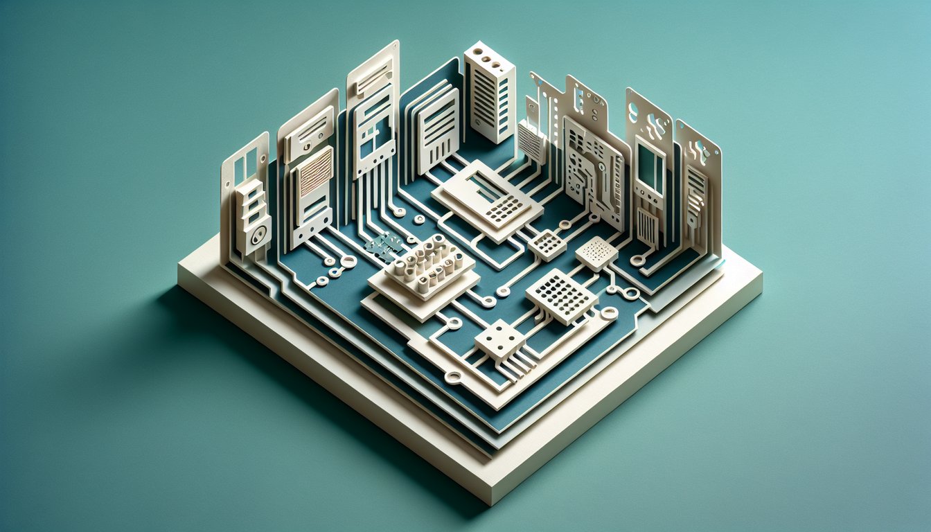 Paper art style computer diagram showing keyboard monitor mouse motherboard CPU icons on teal background for parts quiz