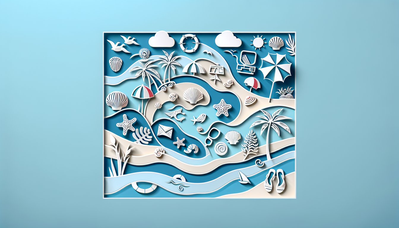 Paper art illustration of stylized shells palm leaves and waves on sky blue background for a beach personality quiz