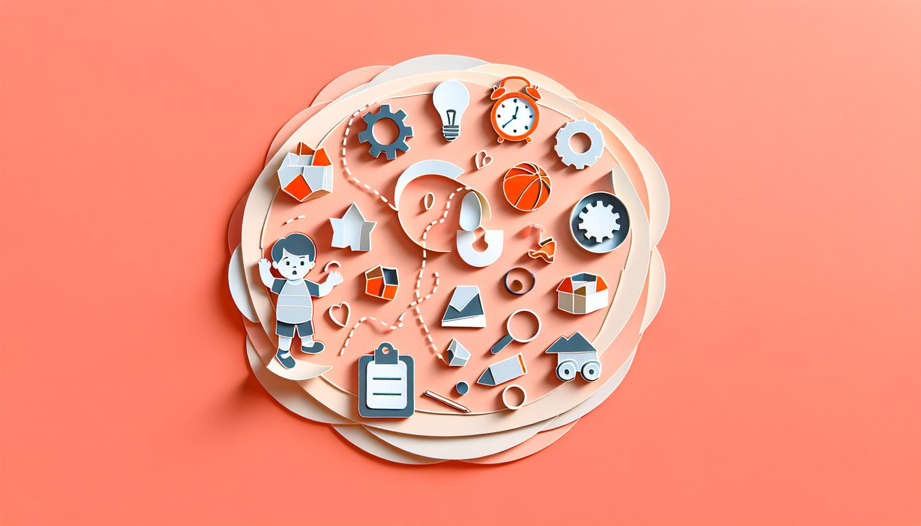Paper art illustration for quiz on ADHD signs in toddlers on a coral background