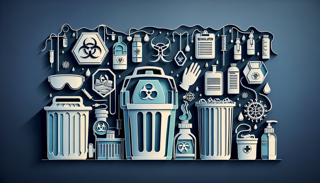 Paper art illustration for OSHA medical waste management quiz on dark blue background