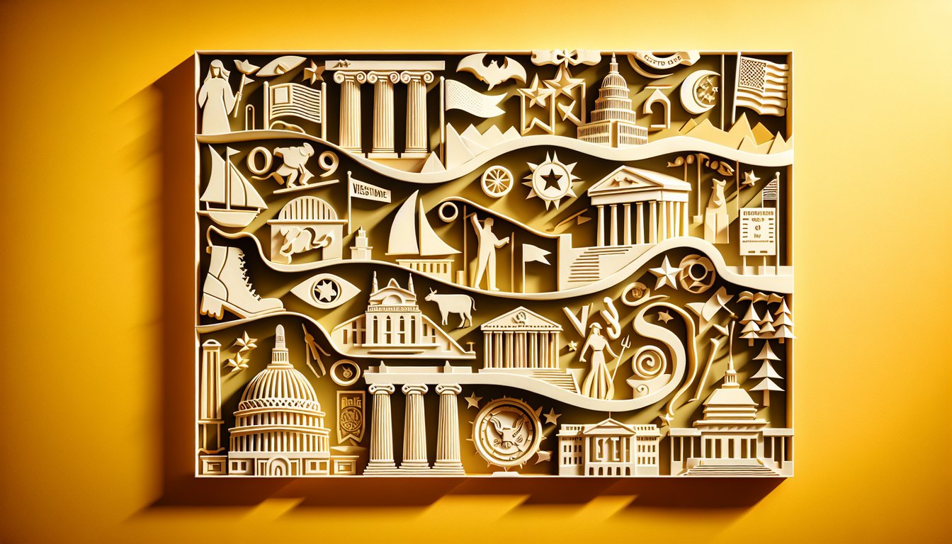 Paper art United States map with state capitals markers question marks quiz icons on golden yellow background