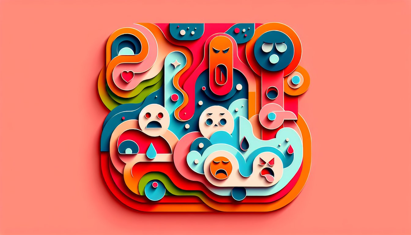 Paper art illustration for Inside Out 2 personality quiz on a coral background