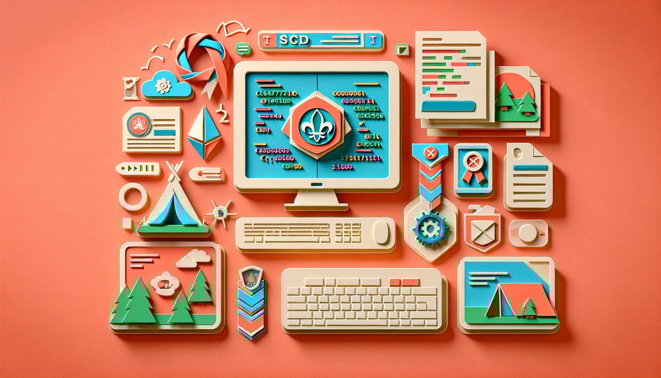 Paper art style computer and scout badge icons on coral background promoting free computer programming merit badge quiz
