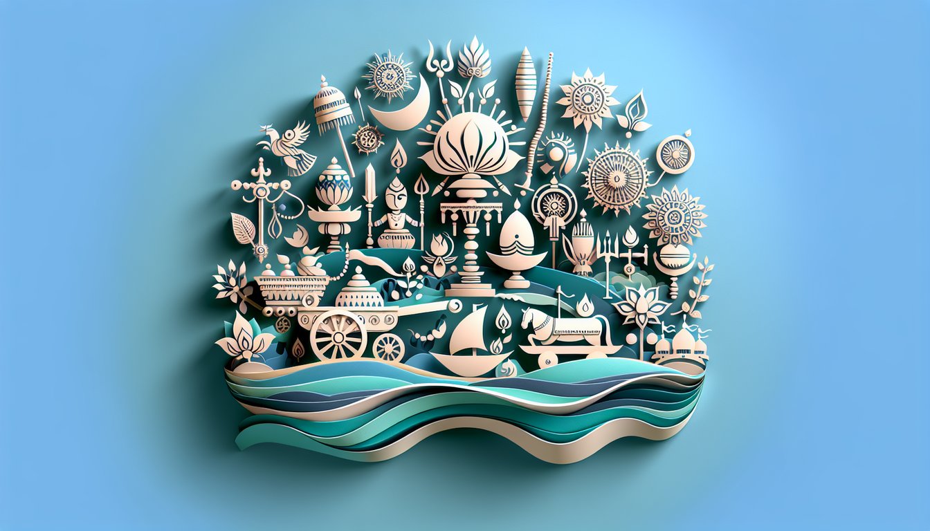 Paper art illustration for Bhagavad Gita slokas quiz on teal background with layered paper design and decorative elements