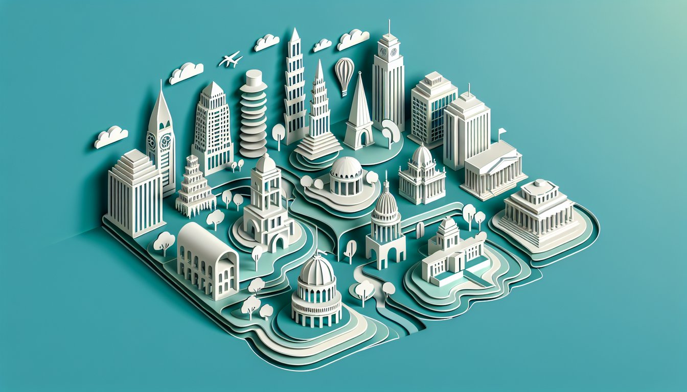Paper art illustration for South America capitals quiz on teal background featuring map cutouts and quiz elements
