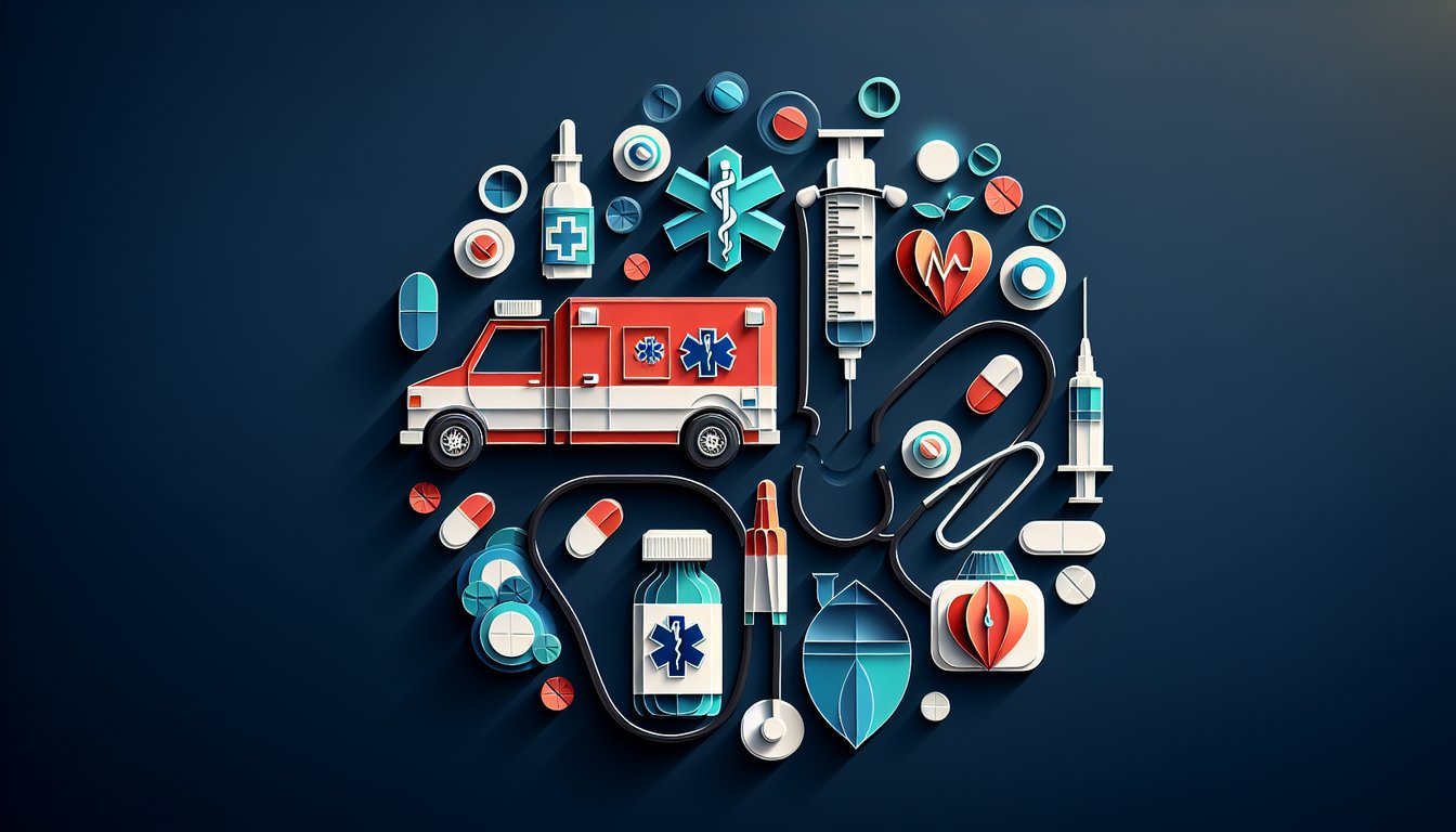 Paper art illustration of EMT tools pills syringe medical chart on dark blue background for pharmacology quiz