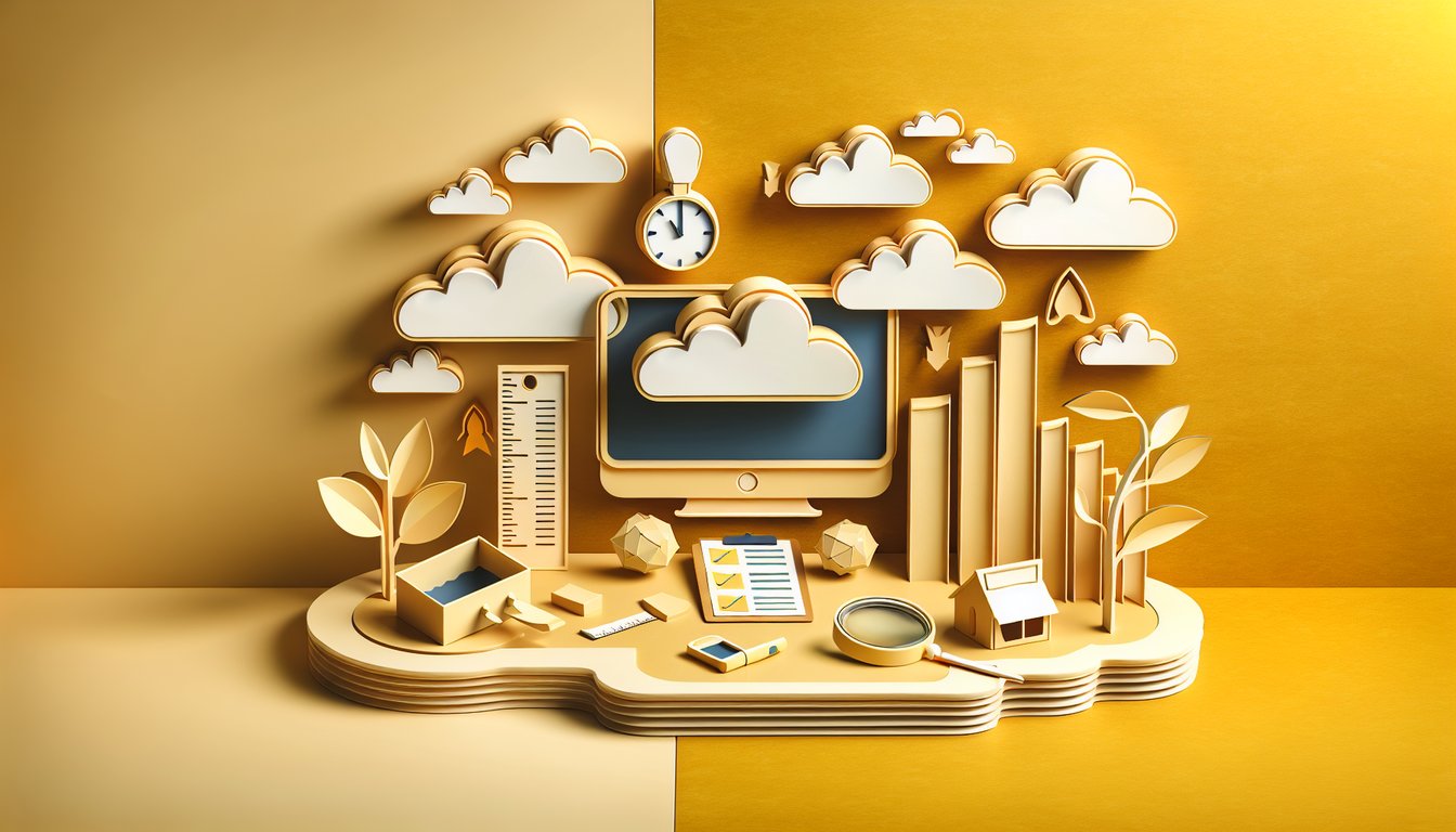 Paper art illustration of quiz elements for Monitoring and Evaluation knowledge challenge on golden yellow background