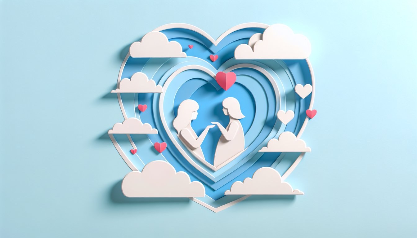 Paper art illustration for Does He Like Me quiz on decoding feelings from texts and hints on sky blue background