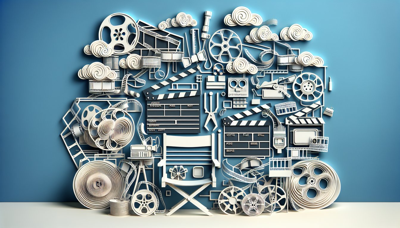 Paper art illustrating filmmaking quiz with questions about directing and editing on a sky blue background.