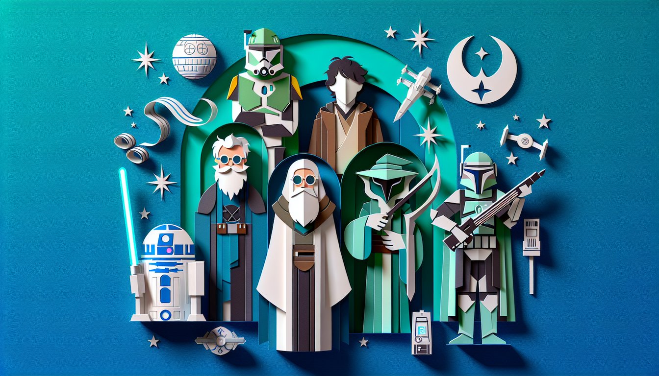 Paper art illustration for Star Wars character quiz featuring lightsabers, helmets, starships on teal background