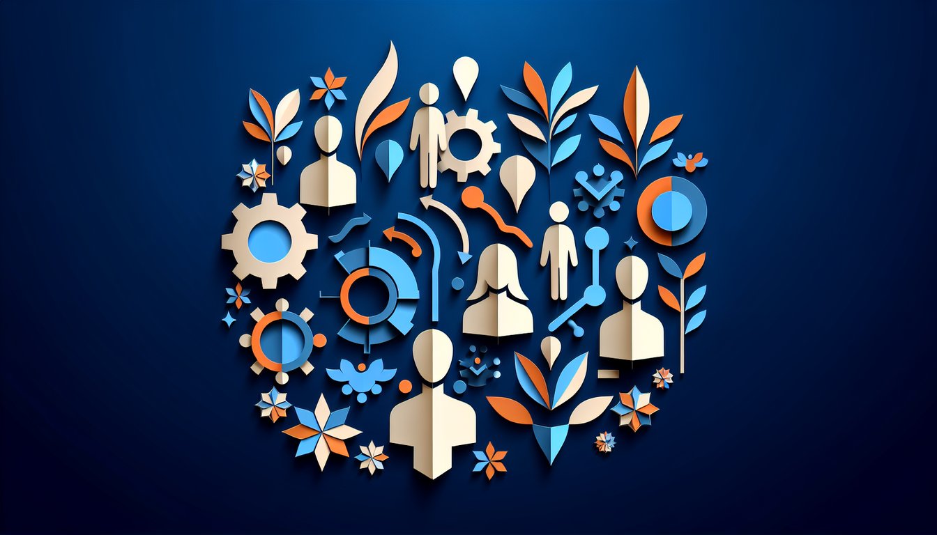 Colorful paper art depicting a quiz on Organizational Behavior Knowledge Test.