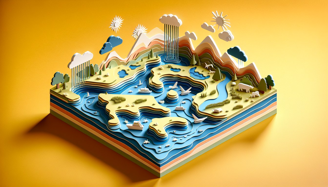 Paper art illustration for US Bodies of Water quiz on a golden yellow background