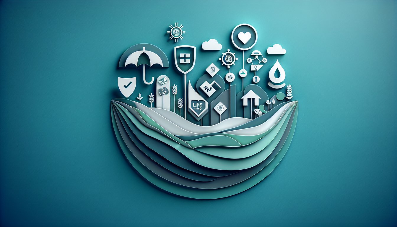 Paper art quiz scene with free ALU 101 practice test headline on teal background and life underwriting icons
