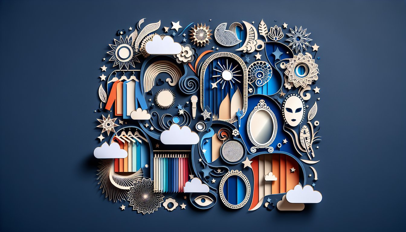 Paper art illustration with layered shapes and name tags inviting a free personality quiz on dark blue background