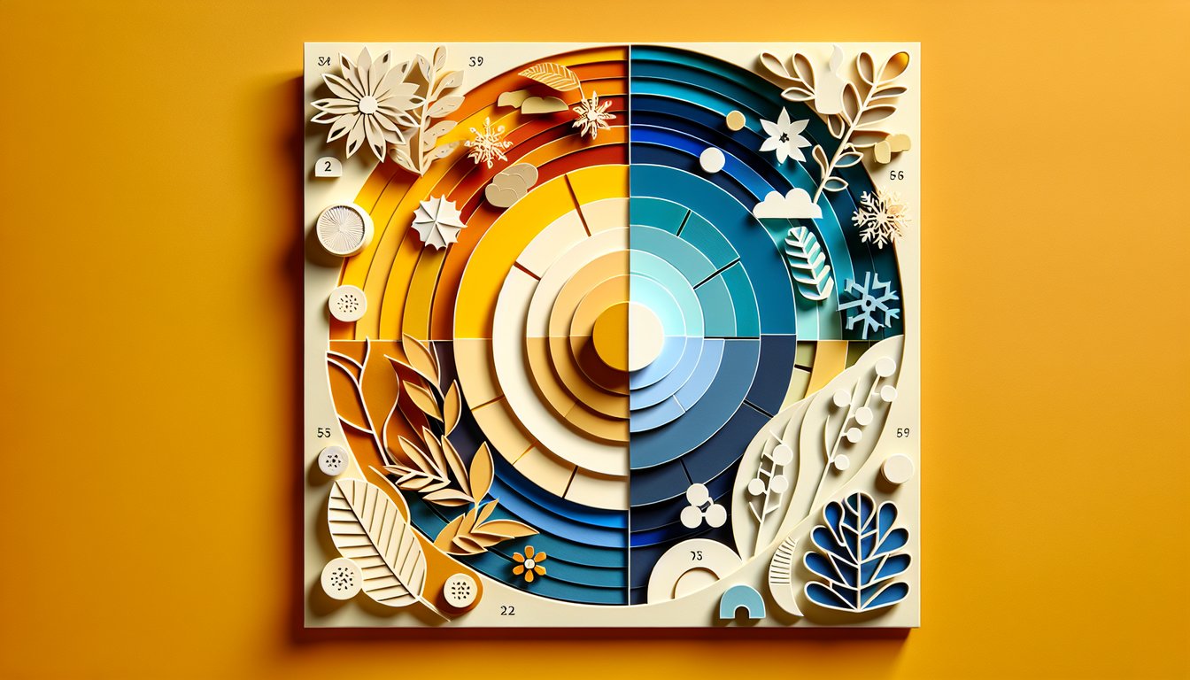 Paper art illustration for Seasonal Color Analysis Quiz on a golden yellow background