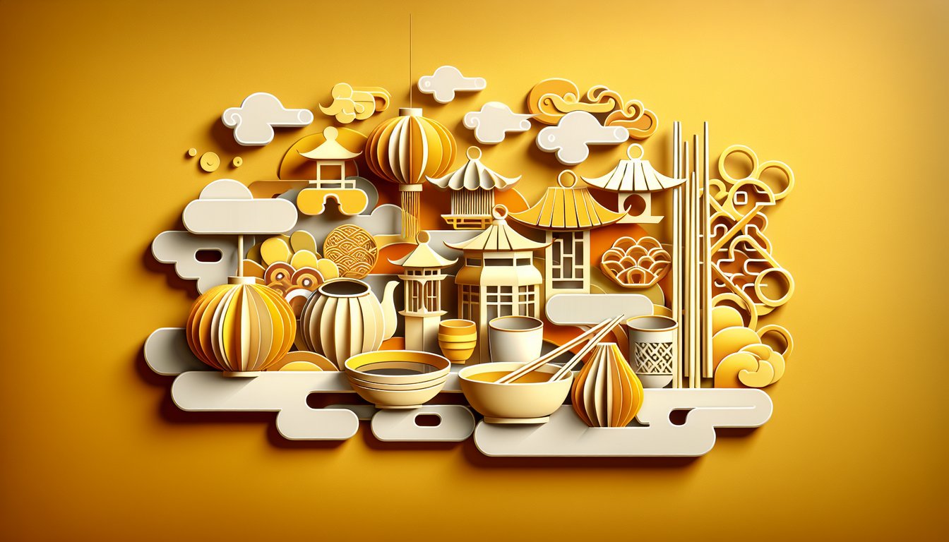 Paper art illustration with common Mandarin greeting icons and quiz text on golden yellow background