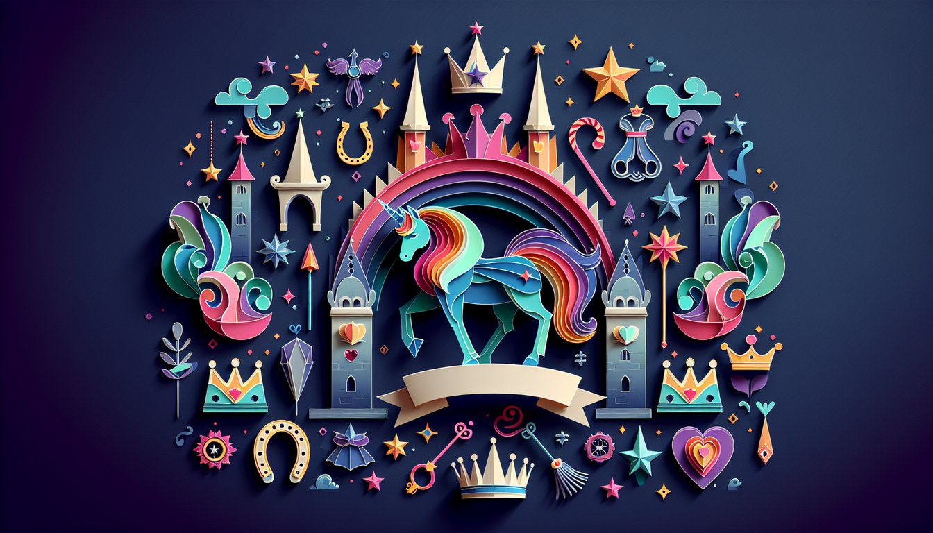 Paper art illustration of colorful pony silhouettes with crowns and magical stars on dark blue background for a royalty quiz