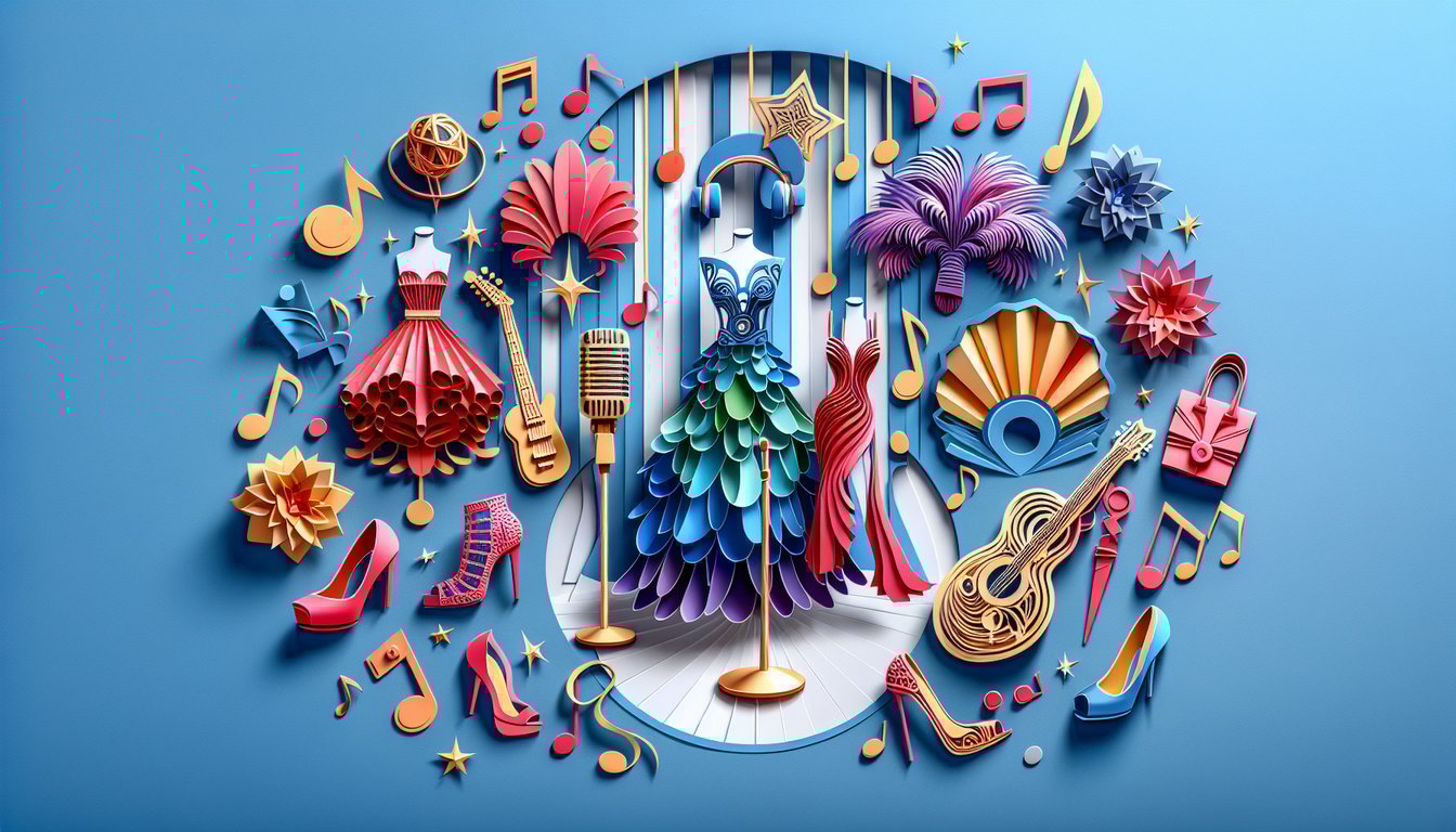 Paper art illustration of female popstars dancing on sky blue background for popstar personality quiz