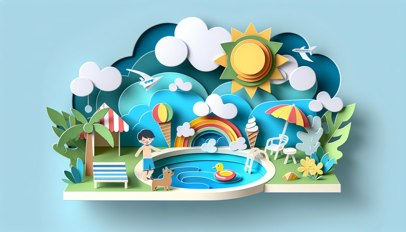 Paper art illustration of a boy with journal and sunglasses holding ice cream and dog float under sun on sky blue background