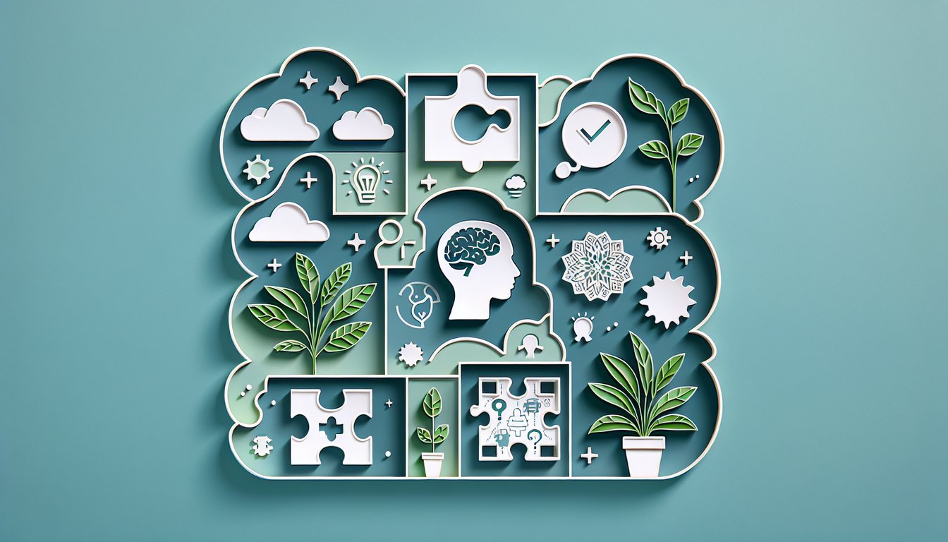 Paper art woman with heart thought bubble question marks and arrows on teal background