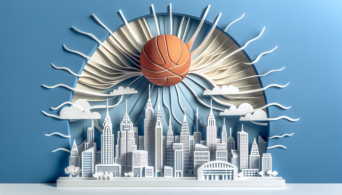 Paper art illustration for NBA teams knowledge quiz on sky blue background