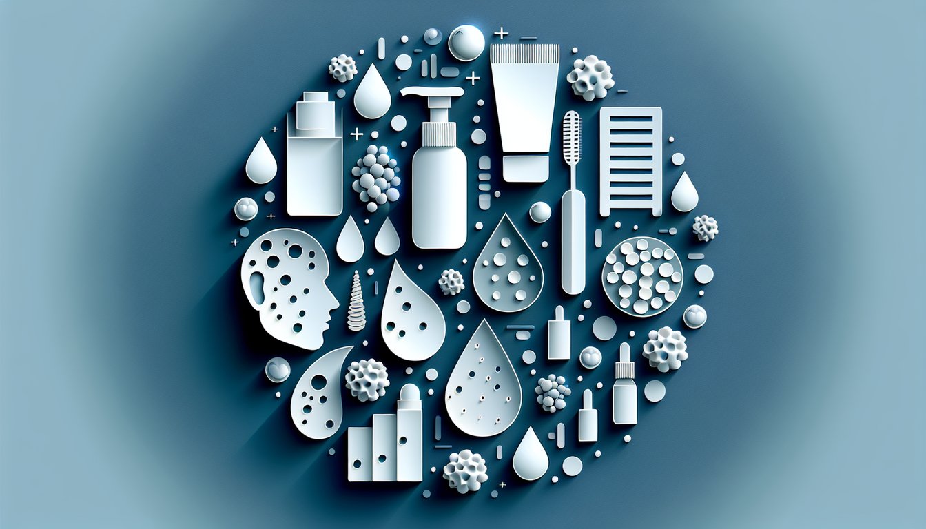 Paper art faces with acne icons magnifying glass quiz checkmarks on dark blue background