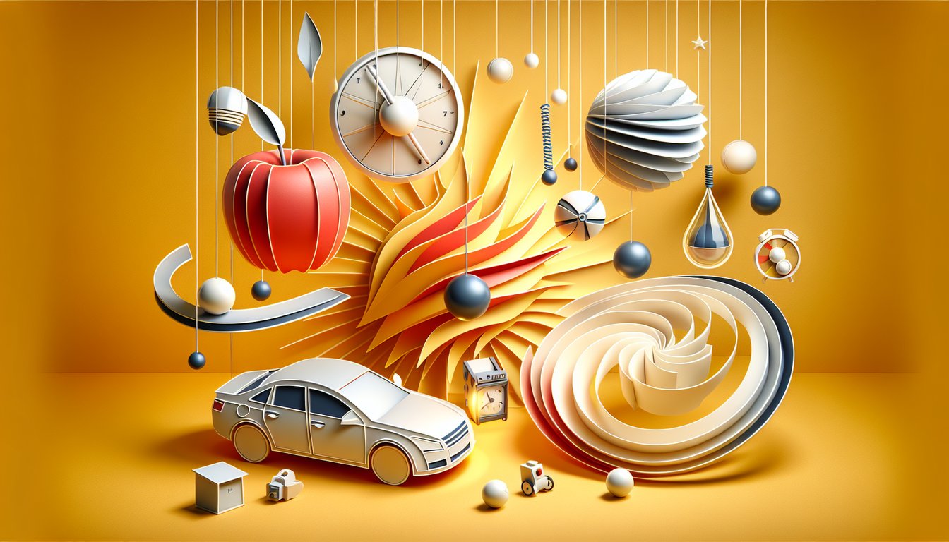 Paper art scene with moving pendulum ball representing kinetic and potential energy on golden yellow background for quiz