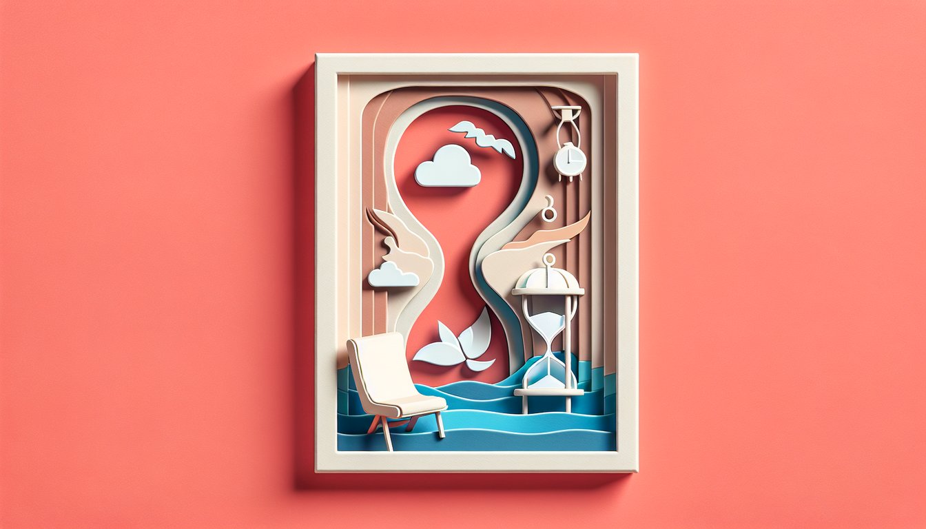 Paper art illustration for existential therapy quiz with abstract layered shapes on coral background.