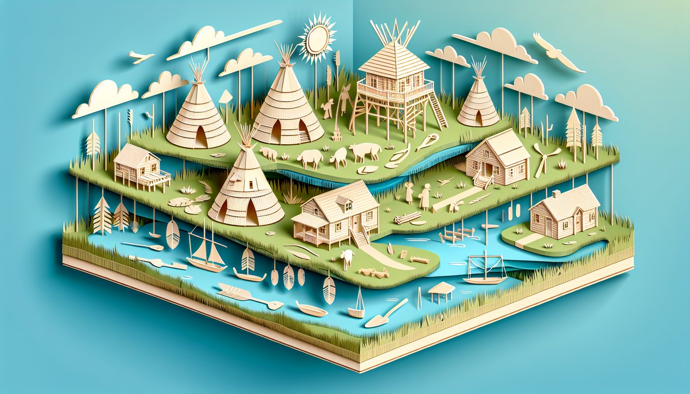 paper art showing grass-thatched dome hut, pottery vessel on sky blue background for Caddo history Karankawa homes quiz