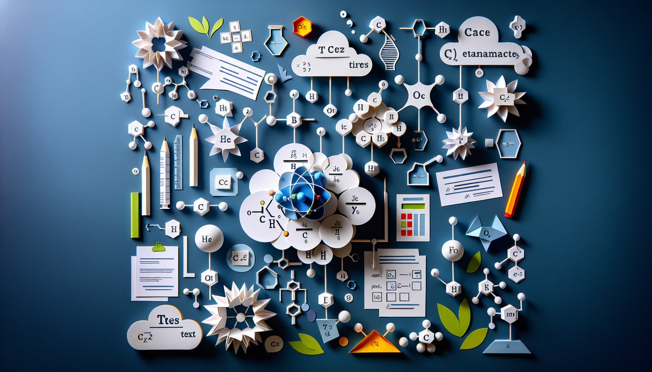 Paper art depicting a high school chemistry trivia quiz on mole ratio calculations and concepts.